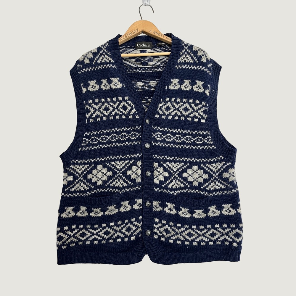 Cacharel Mens XL Wool Fair Isle Cardigan Sweater Vest Navy Blue Nordic V-Neck